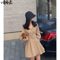 vsyoy 맞춤형 카키색 허리 트렌치 코트 소녀 2023 봄과 가을 작은 V 넥 짧은 드레스 벨트