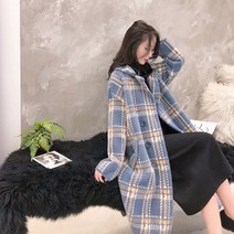 체크코트 하프기장 인조 밍크 기모 2022 겨울 가을 와이드 루즈핏 두꺼운 모직 가디건 여성아우터
