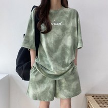 일월전빵 레터링 물나염 여름 오버핏 반팔 반바지 세트 B-C005