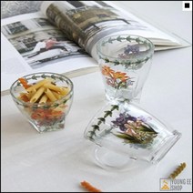 아이스커피잔 나팔꽃프린팅 각진바닥디자인 드라마소품 유리손잡이컵 풀잎유리컵, 중 손잡이형