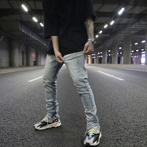 연청청바지 잡담하는 남자 고가 무드 워싱 구제 얕다 화이트 스판 슬림 스키니 베이스 상계 힙합 긴바지 2275575198