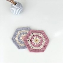 육각 티코스터 뜨개 컵받침 은블리니팅, 블루그린, 배색티코스터