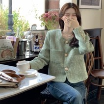 봄신상 노카라 라운드 팡크 그린 트위드 세미크롭 금장단추 봄 자켓 [오늘 출발]