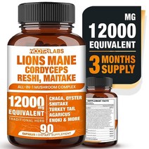 Mushroom 컴플렉스 12000mg 캡슐 - 사자 갈기 동충하초 레시 마이타케 차가 뇌뇌 방향성 인지 기능 및 집중력 물질 90캡슐