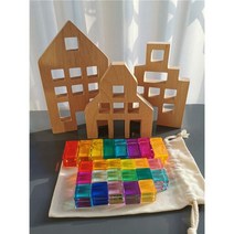 몬테소리 원목교구 가베 완구 집 만들기 큐브 블록 레인보우 컬러 발도르프 우드, clear rainbow set B