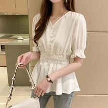 럭셔리 여성 스모크 밴딩 프릴 블라우스