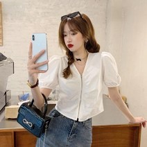 샤랄라 여친 여성스런 데이트 여신 룩 셔츠 블라우스 하객 청순 일상 유행 패션 지퍼 셔링 퍼프