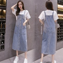 요나걸 여성 원피스 데님원피스 청치마 멜빵원피스 연청 A라인 스커트 여리여리한 실루엣 넉넉함 품 부담없는 착용감 체형커버 루즈한 품 내추럴한 여자데님원피스 + 양말증정