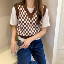 손뜨개조끼 오버핏 롱 크롭 니트조끼 체커 보드 체크 무늬 스웨터 조끼 여성용 빈티지 프린트 니트 미니 캐주얼 스트리트웨어 하라주쿠 의류 가을 탑