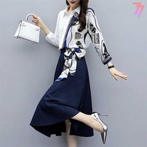 77우먼스 여성 마린걸 투피스 1컬러 블라우스 플레어 스커트 빅사이즈 하객룩 데일리 데이트