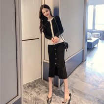 지수미 단정한 오피스룩 트임 심플 니트 투피스