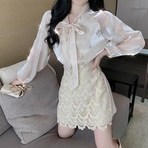 펄 새틴 리프 리본 블라우스 자수 레이스 큐롯 PT 2type