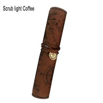 가죽필통 휴대용 빈티지 보물지도 롤 연필 가방 레트로 대용량 사무실 학교 학생 펜 문구 보관 정리 케이, 01 Scrub light coffee