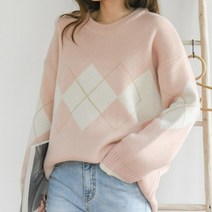 어썸메이드 여성용 아가일 다이아몬드 패턴 컬러 라운드 니트