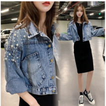 린온트리 크롭 연청 흑청 자켓 보이핏 오버핏 빈티지 여성 청자켓 네일 진주 데님 재킷 여