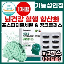 프리미엄 식약처 식약청 기능성 인정 두뇌 뇌 건강 영양제 포스파티딜세린 징코 플러스 혈관 건강 혈행 기능 건망증 기억력 감퇴 저하 개선 증진 도움 유전자 조작없는 고함량 인지질, 2박스, 30캡슐