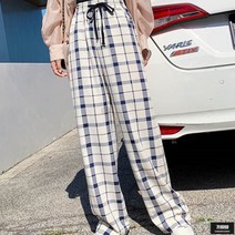 가바바 여성 바지 세련된 체크 무늬 와이드 밴딩 린넨 바지 G49163