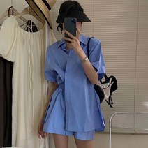 [에이진] 루즈핏 스트라이프 셔츠 반바지 세트