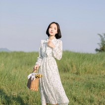 플라워 쉬폰 원피스 스윗 긴 소매 봄 여름 신 하프기장 플리츠 페플럼 이너 여성 2월12 일 발 다함 4116599111