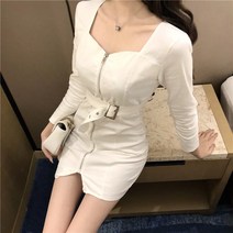 데님 청 원피스 프렌치 보이핏 볼륨 스퀘어넥 쇄골 노출 여성 허리보정 슬림핏 디자인감각 지퍼 트임 힙랩 1804243644