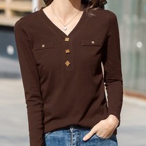 데일로엔 여성용 V넥 금속장식 포인트 긴팔 티셔츠