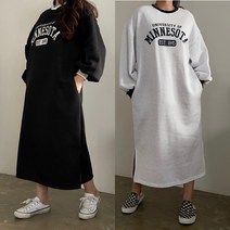 [비비애르] 미네소타 기모 배색 맨투맨 레터링 긴팔 롱 원피스 벌룬 쭈리 박시핏 편한원피스 88까지