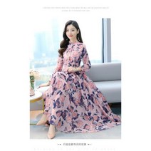 2022 봄 여름 NEW 도착 M4XL 스탠드 칼라 긴팔 꽃 프린트 쉬폰 롱 드레스