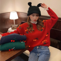 데이홀릭 여성용 봄가을 예쁜 브이넥 가디건 체리가좋아 라운드 니트티