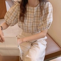 DAPANDA 시크 올봄 빈티지 프렌치 체크 퍼프 톱 루즈 캐주얼 반팔 셔츠 여