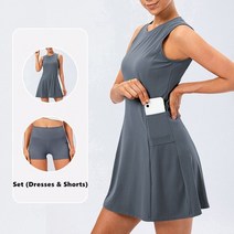여성 테니스 원피스 스커트 주름 드라이핏 웨어 용 드레스 나일론 벗은 느낌 속건 요가 골프 휘트니스 배드민턴 종 세트 와 반바지 운동복