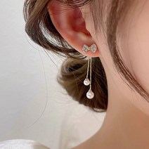 영블리 YJE543 데일리 나비 진주 술 드롭 투웨이 귀걸이 은침 골드