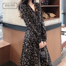 GSTUFF 블랙 잔꽃무늬 쉬폰 프릴 롱 원피스