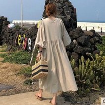 에쉬울프 여성스러운 오버핏 벌룬소매 린넨 마 빈티지 롱원피스KJ391