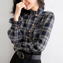 블라우스캐주얼 프린트 버튼 프릴 체크 무늬 셔츠 여성용 올 매치 루즈핏 블라우스 가을 의류 2022 신제품