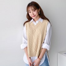 어썸메이드 여성용 옆트임 브이넥 꽈배기 컬러 니트 조끼
