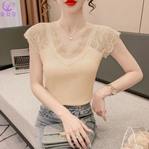셀럽당 여름 여성용 브이넥 레이스 니트 나시 빅사이즈 스판 민소매 티셔츠