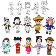 의상 스티커 여러나라 놀이 세계, 1. 인도_중국_한국_일본_미국