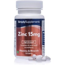 Simply Supplements 아연 15 mg -120 정제 - 비건 채식인에 적합 - 4 개월의 지속 시간 - 간단한 보충, 1개