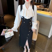 미디 치마 투피스 데일리 더블 크롭 셔츠 탑 세트 우아한 슬리밍 봄 가을 겨울 신상품