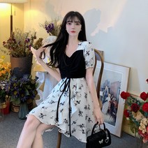 YAPOGI 플라워 브이넥 스모크 프릴 롱 원피스 쉬폰 플라워 원피스