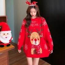 빨간 크리스마스 스웨터 여성 가을과 겨울 느슨하고 게으른 스타일 디자인 틈새 중간 길이 니트 재킷 외부 착용