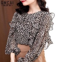 여성 호피 쉬폰 프릴 레오파드 긴팔 블라우스