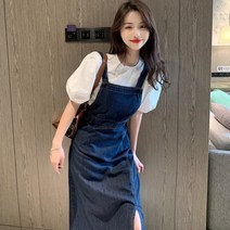 런메시 Runmecy 심플 데님 청 원피스 슬릿 멜빵 원피스