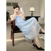 하늘색원피스 여성 봄 여름 뷔스티에 결혼식하객룩 원피스 바스락 펀칭 4월 커플시밀러룩 하객룩 5월