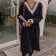 로로텐 배색 브이넥 롱 원피스 스판 무지 H라인 빅사이즈