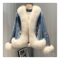 티피/Teepie 데님 패치 여우털 모조 코트 겨울 숏 파이 인플루언서 대박 극복