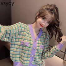 vsyoy Xiaoxiang 스타일 니트 V-Neck 카디건 코트 여성의 봄과 가을 여성의 새로운 스웨터 컬러 격자 무늬 쇼트 탑
