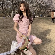 퐁순싸롱 코튼 면 스퀘어넥 프릴 셔링 스트링 미니 원피스 SY