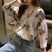 넷투넷코리아 여성 V넥 루즈핏 패턴 블라우스 심플 출근룩 셔츠