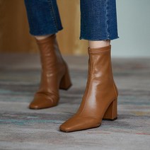 FUAIYOU 앵클부츠 스퀘어토 하프 스티칭 기모 안감 앵클 부츠 7cm